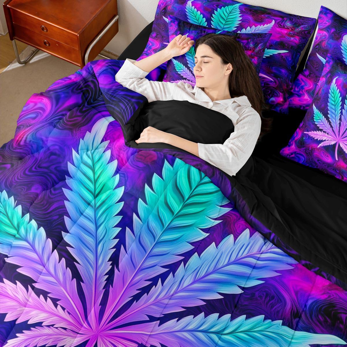 Erosebridal Purple Black Queen Size Comforter Set,Hippie Leaf 7-Piece Bed in A Bag,Leaves Galaxy Sheets and Pillowcases,Botanical Weed Bedding Set Room Decor