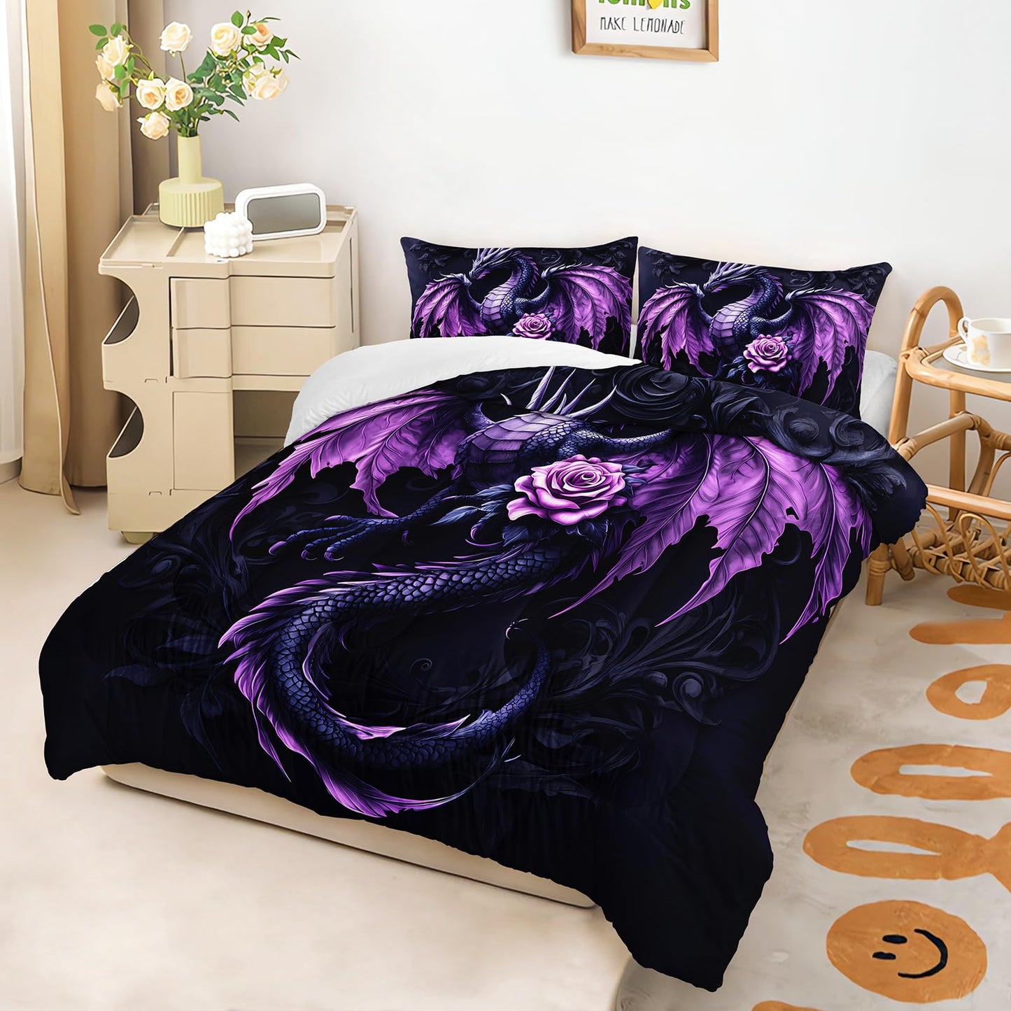 XYNHML Western Dark Purple Fantasy Dragon Comforter 3Pcs Twin Wild Animal Dragon Floral Bedding Set for Kid Teen Girl Boy Teen Adult Mysterious Pattern Quilt Bed Decor with 1 Comforter+2 Pillowcases
