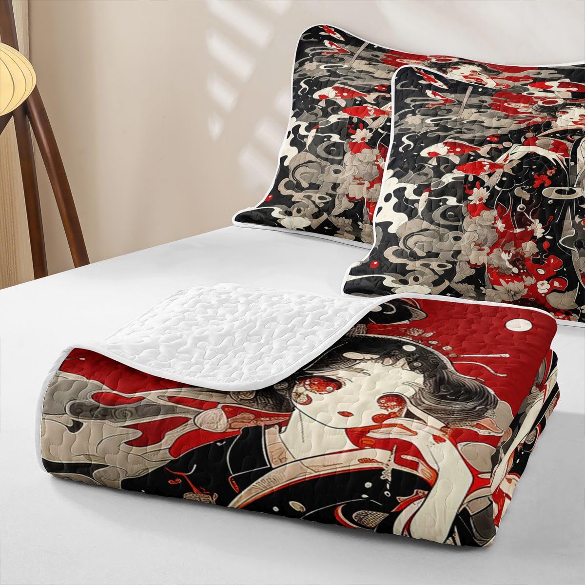 Erosebridal Japan Geisha Quilt Twin Size - Japanese Koi Fish Bedspread Traditional Asian Girls Bed Coverlet with 1 Pillowcase