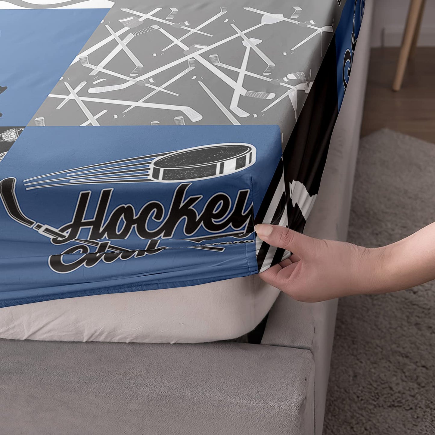 HOSIMA Hockey Fitted Sheets,Ice Hockey Player Bedding Set Twin Size,Lattice Bed Cover with Deep Pocket Cartoon Bedding for Kids Boys Girls Gift,1 Fitted Sheet with 2 Pillow Cases.