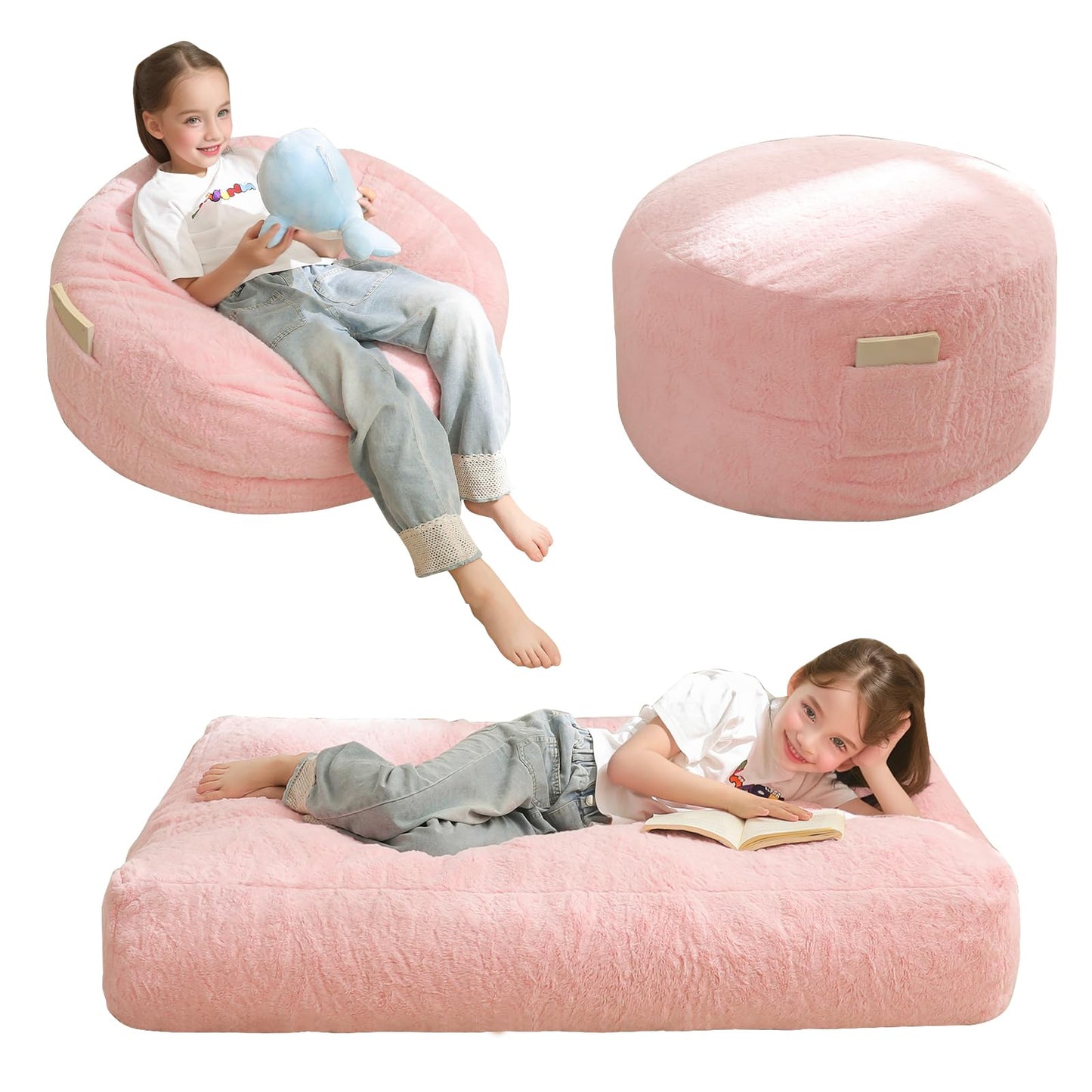 MAXYOYO Bean Bag Chair Bed for Kids, Convertible Bean Bag Folds from Lazy Chair to Floor Bed, Stuffed Floor Sofa Couch Sofa Bed for Boys and Girls, High-Density Foam Filling, Pink
