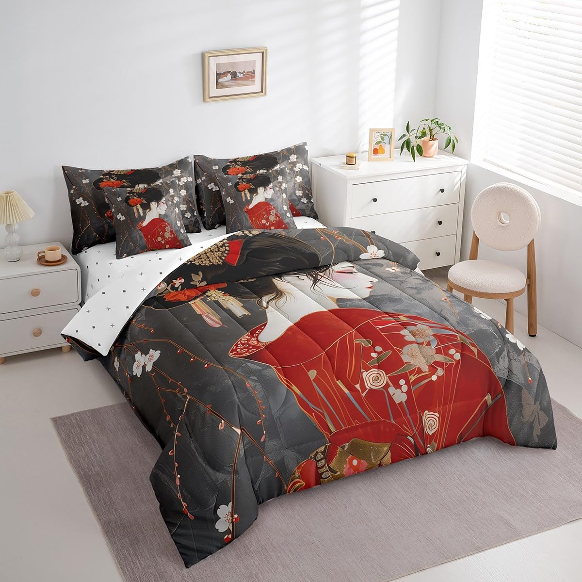 Feelyou Kids Japan Geisha Comforter Set Twin Size 7 Pieces Cherry Blossoms Bedding Set Japanese Style Japanese Tradition Aesthetic Bed in a Bag with Comforter, Sheets, Pillowcases & Cushion Cover