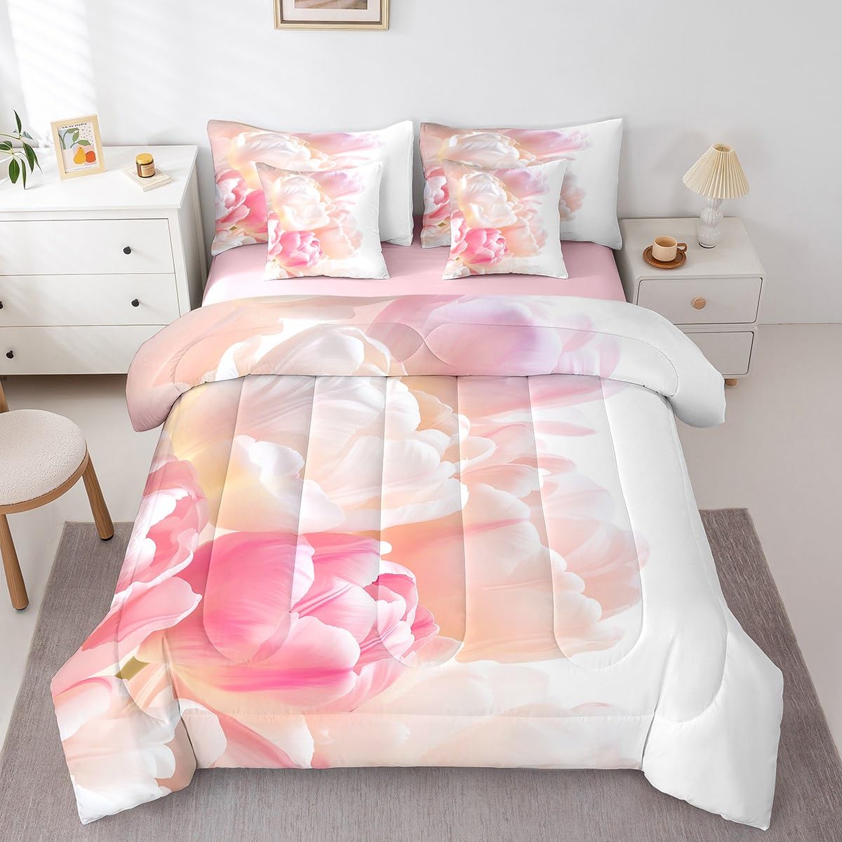 Erosebridal Pink Dreamy Princess Girls Bedding Set Romantic Pastel Tulip Kids Twin Comforter Set 7 Piece Spring Botanical Flowers Bed in A Bag Luxury Garden Floral Plants Bed Set