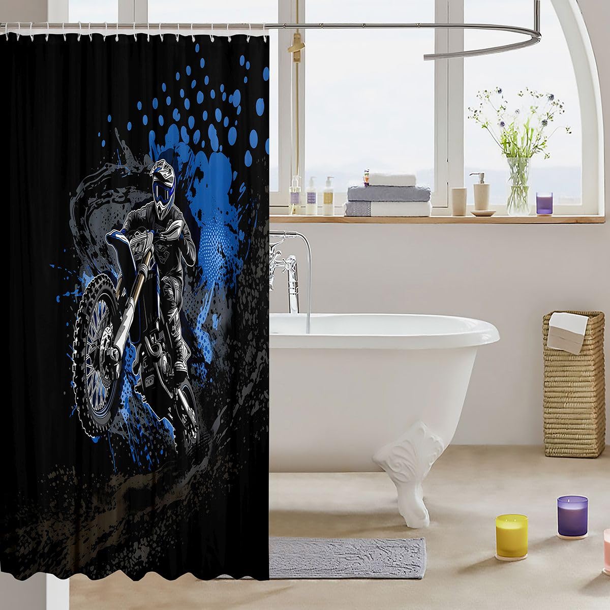 Feelyou Dirt Bike Shower Curtain for Bathroom Decor Racing Motocross Bath Curtain for Stalls Bathtubs Extreme Sports Bathroom Accessories Waterproof Polyester Fabric with 12 Hooks 72"x78"