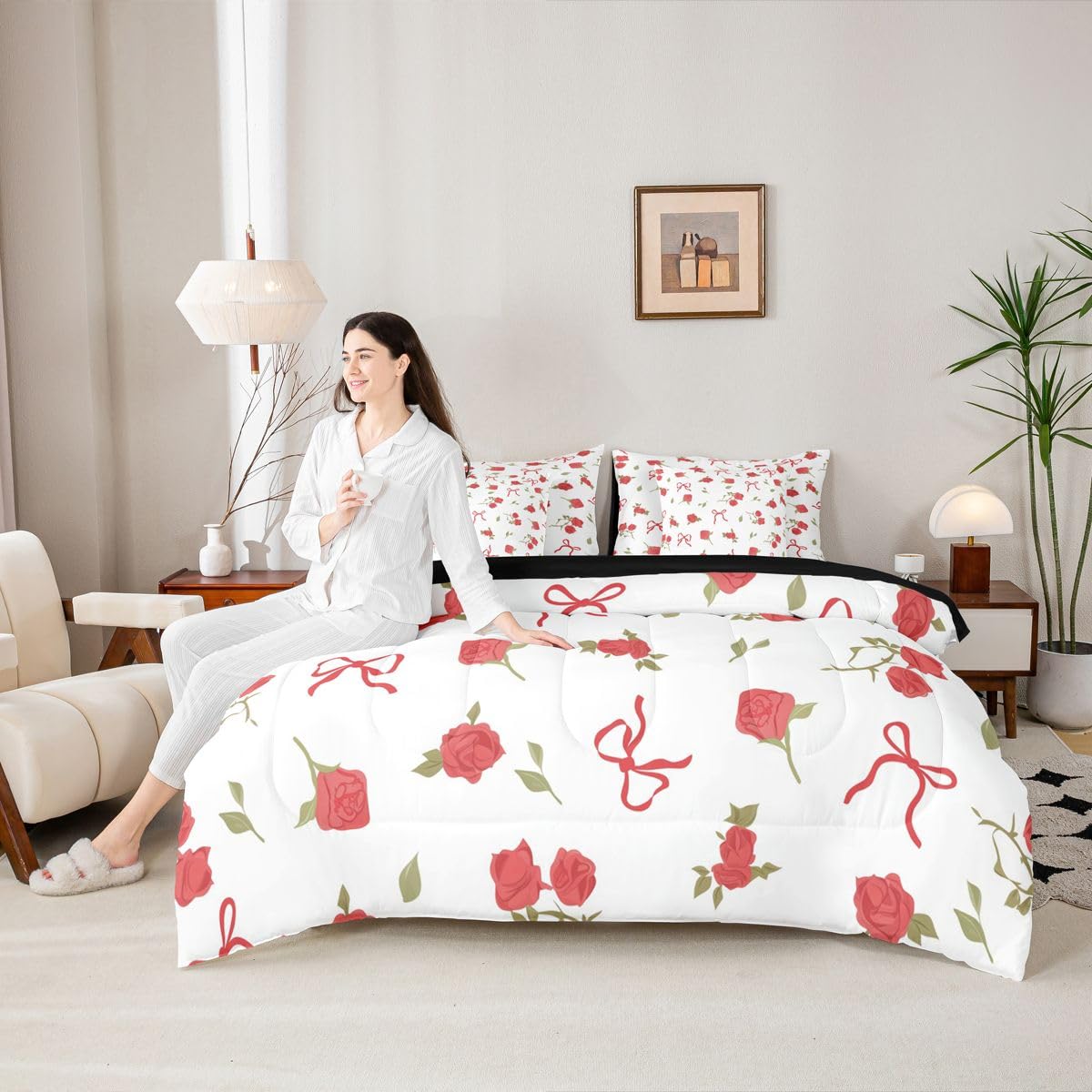 Erosebridal Kawaii Bowknot Full Comforter Set 7 Pieces,Coquette Bows Bed in A Bag,Preppy Princess Bedding Set with Comforters, Sheets, Pillowcases Fantasy Aesthetic Bedroom Decor