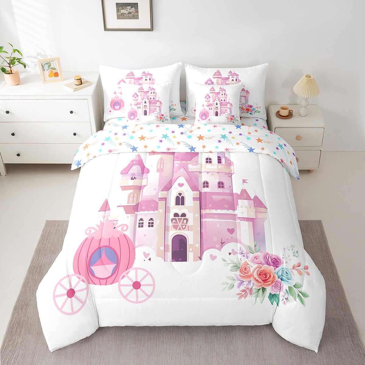 jejeloiu Pink Castle Comforter Set with Sheets Queen Size Kids Carriage 7 Pieces Bedding Set for Boys Girls Teens Dreamy Princess Decor Bed in a Bag Breathable Magic Bedroom Decor