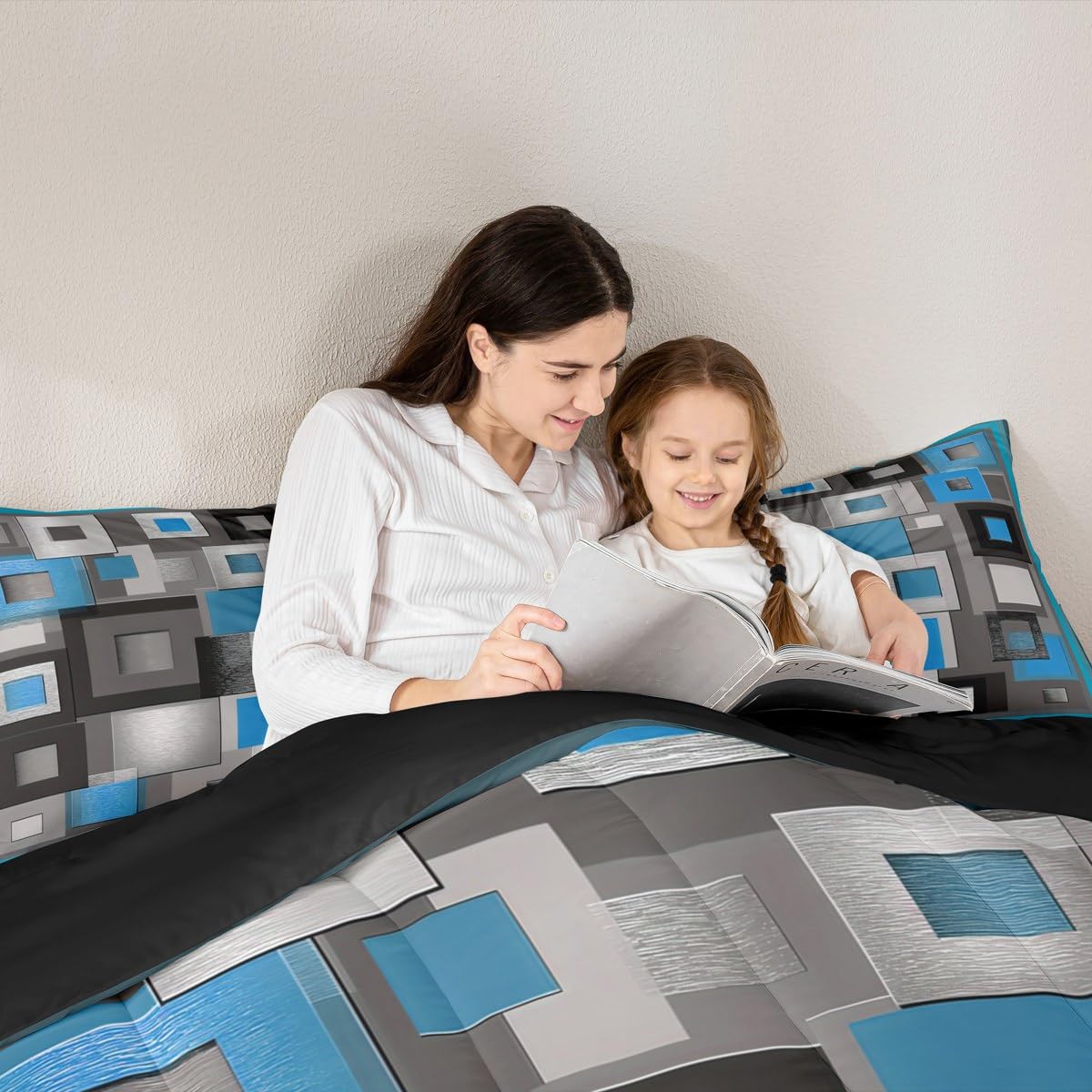Castle Fairy Modern Comforter Set Queen Size,Blue White Gray Square Bedding Set for Kids Boys Girls Bedroom Decoration,Abstract Grid Art Bed Duvet Insert,Geometric Comforter with 2 Pillowcase