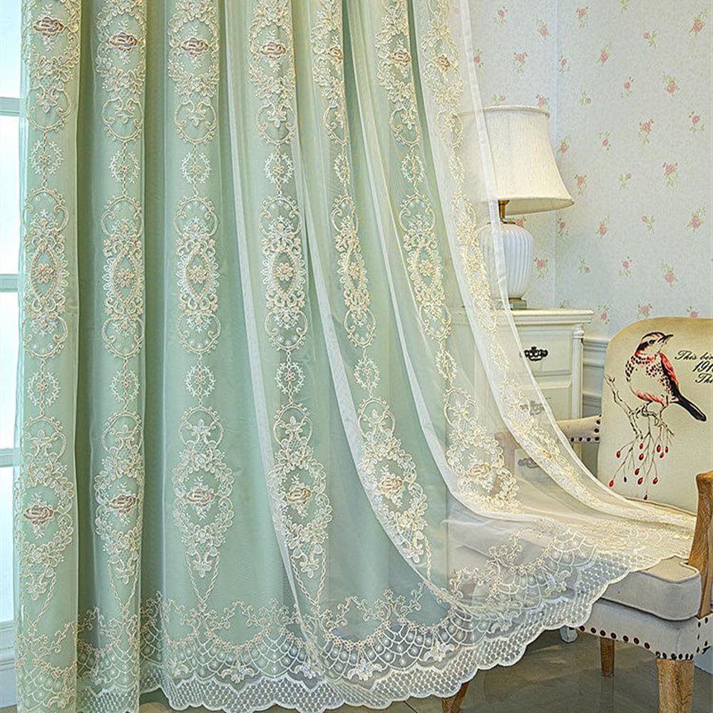 Amidoudou 1 Pair European Double Layer Curtains with Valances for Living Room Bedroom 3D Flower Embroidered Curtains (Green,63x95 Inch)