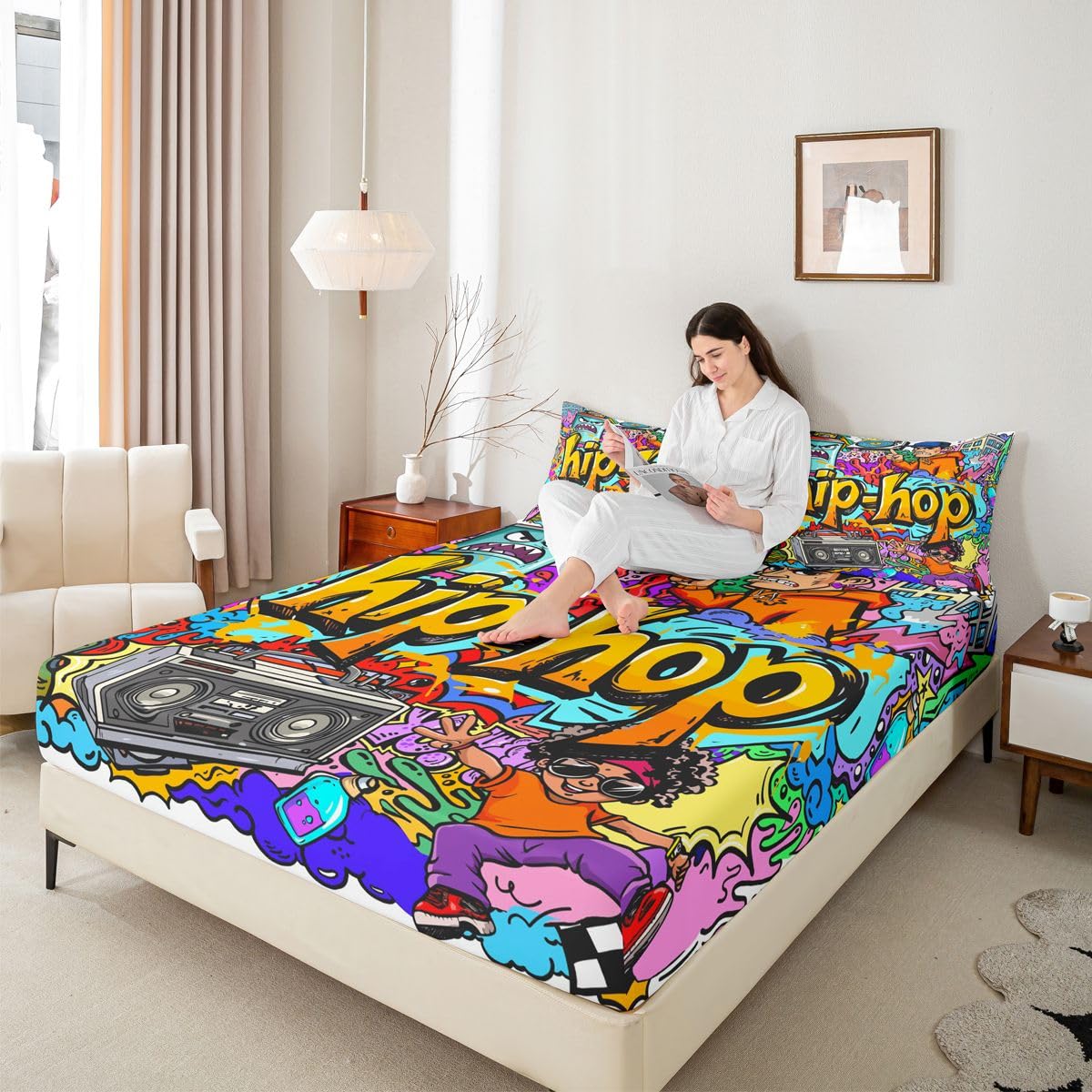Feelyou Hippie Graffiti Sheets Hip Hop Radio Rock Bed Sheet Set Kids Boys Colorful Graffiti Pattern Bedding Set Watercolor Art Fitted Sheet Bedroom Collection 3Pcs Full Size