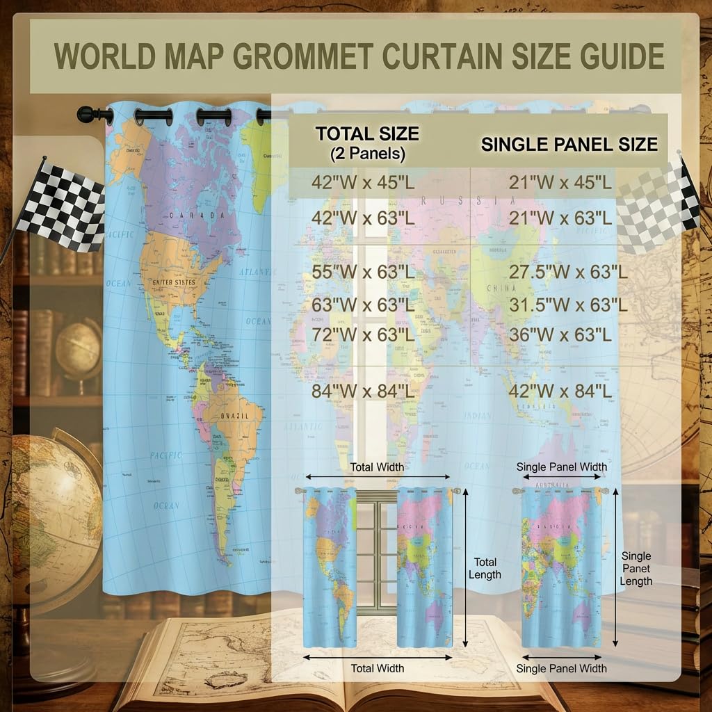 terxgrl World Map Blackout Curtains for Bedroom Living Room, Colorful Educational Geography Political Map Window Drapes for Youth Playroom Study Room, 42 x 45 Inch