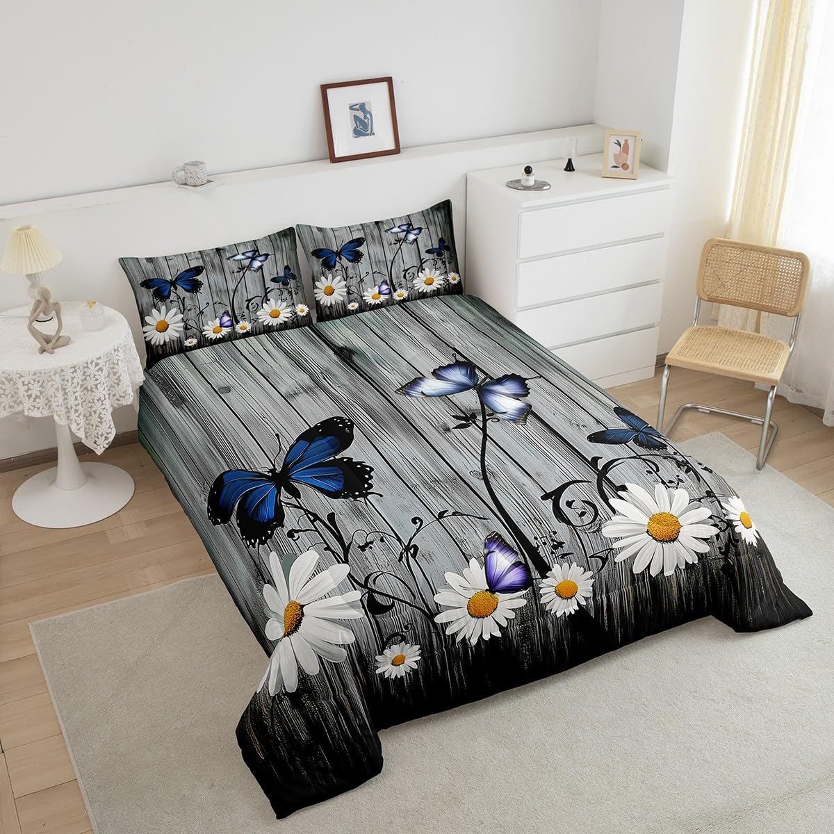 Erosebridal Daisy Comforter Set, Rustic Flower Duvet Sets for Kids Boys Teens Adult, Butterfly Wood Bedding Set Farmhouse Country Daisy Bedding Comforters 3Pcs with 2 Pillow Cases, Queen Size
