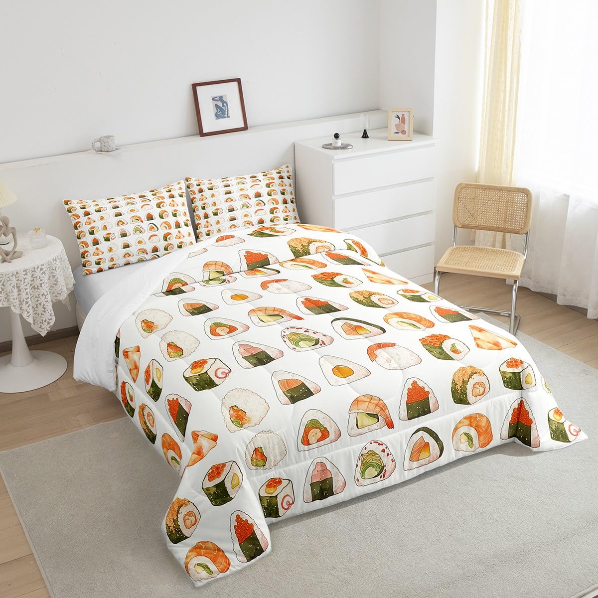 Erosebridal Cute Sushi Bedding Set Queen Size,Japanese Food Comforter Set Sushi Gifts for Kids Teens Men Women,Funny Food Quilt Bed Set Anime Style Bed Comforter Sets with 2 Pillowcases Room Decor