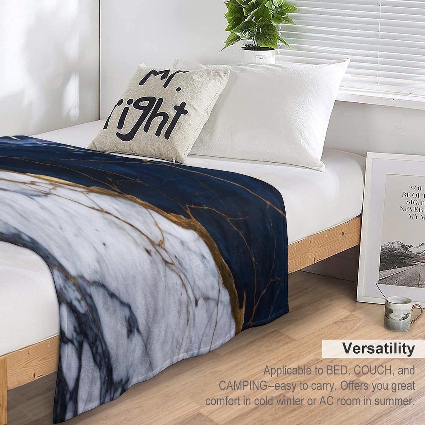 Marble Throw Blanket for Bed Sofa, 40"x50" Super Soft Warm Cozy Fluffy Plush Blanket, Modern Abstract Foil Texture White Navy Blue Gold Marble Flannel Couch Blanket for Travel Camping