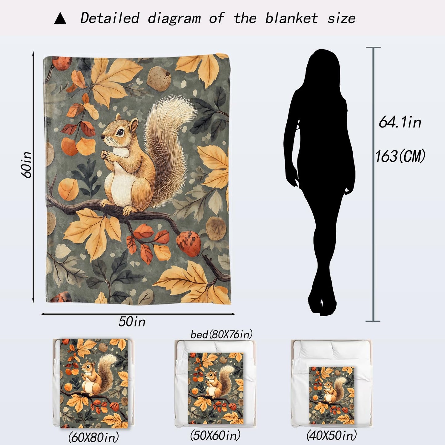 ainori Squirrel Blanket - Autumn Woodland Fall Leaves and Acorns Fleece Throw,Gifts for Kids Adult, Soft & Warm,Lightweight, for Modern Artistic Decor, Living Room Home Accent 50x60in