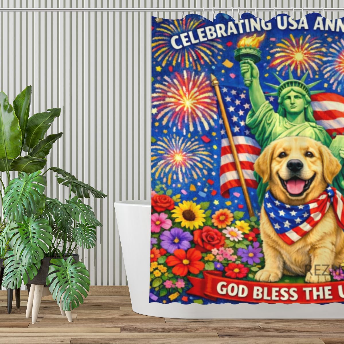REZHOCH Patriotic Golden Retriever Shower Curtain 72x72Inch,USA Flag Liberty Statue Red White Blue Cute Animal Fireworks Bathroom Decor,Independence Day Waterproof Fabric Bath Curtain