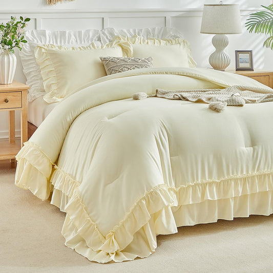 Yellow Ruffle Comforter Set Full/Queen Size, 3 Pieces Vintage Farmhouse Shabby Chic Comforters, Solid Color Lightweight Soft Fluffy Bedding Sets for All Season (1 Ruffled Comforter + 2 Pillow Shams)