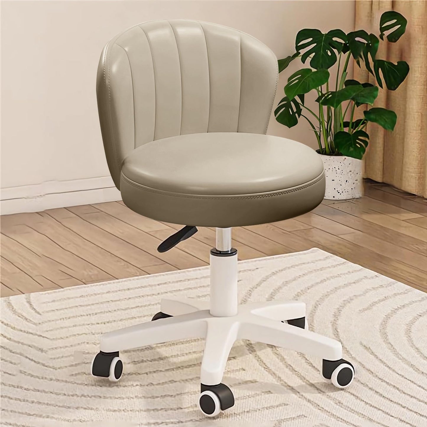 XUEGW Small Scallop Desk Chair with Back, Cute Armless Rolling Vanity Chair with PU Leather, Comfy Office Task Computer Chairs Height Adjustable for Bedroom