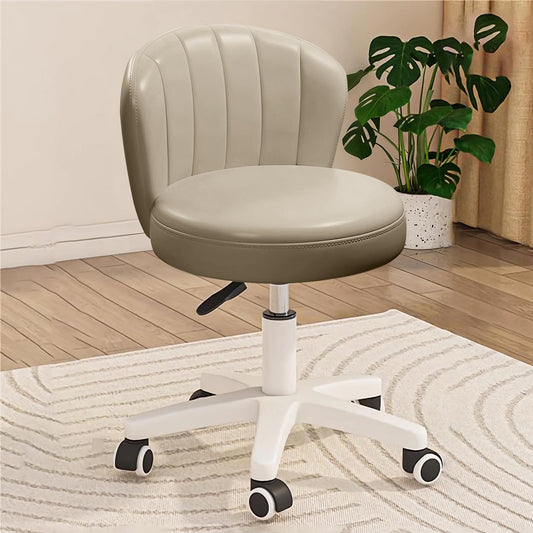 XUEGW Small Scallop Desk Chair with Back, Cute Armless Rolling Vanity Chair with PU Leather, Comfy Office Task Computer Chairs Height Adjustable for Bedroom