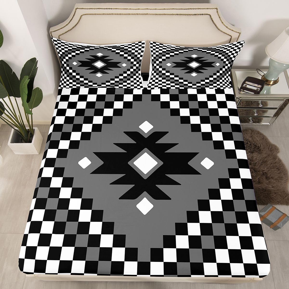 Feelyou Aztec Bed Sheets Sets King Size Kids Boys Girls Black White Checkered Bedding Set Boho Western Decor Bed Sheet Set with 16-Inch Deep Pockets Farmhouse 4Pcs with 2 Pillow Cases
