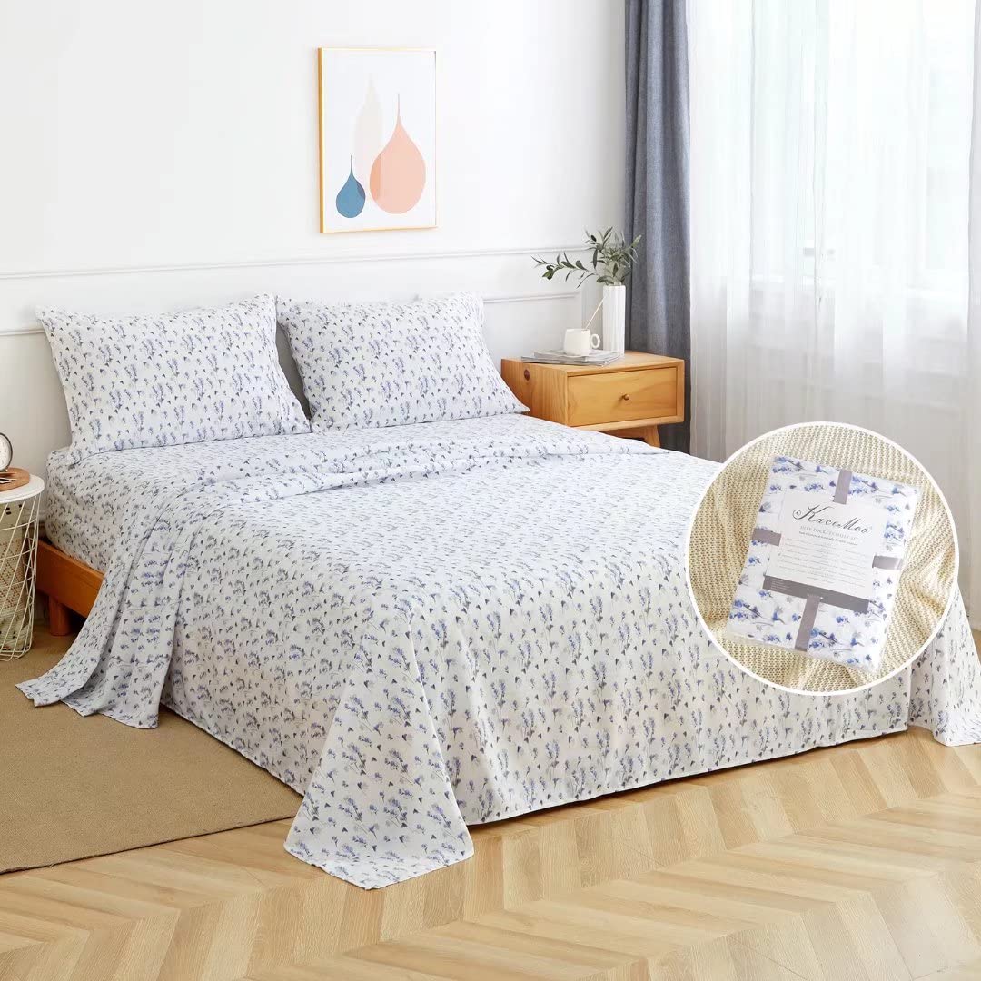 California King Sheet Set 4PC Printed Light Blue Flower Pattern Double Bed Luxury Cooling Soft 100% Microfiber Brushed Sheets 17” Deep Pocket, Easy Care, Breathable, Wrinkle Free, Machine Washable