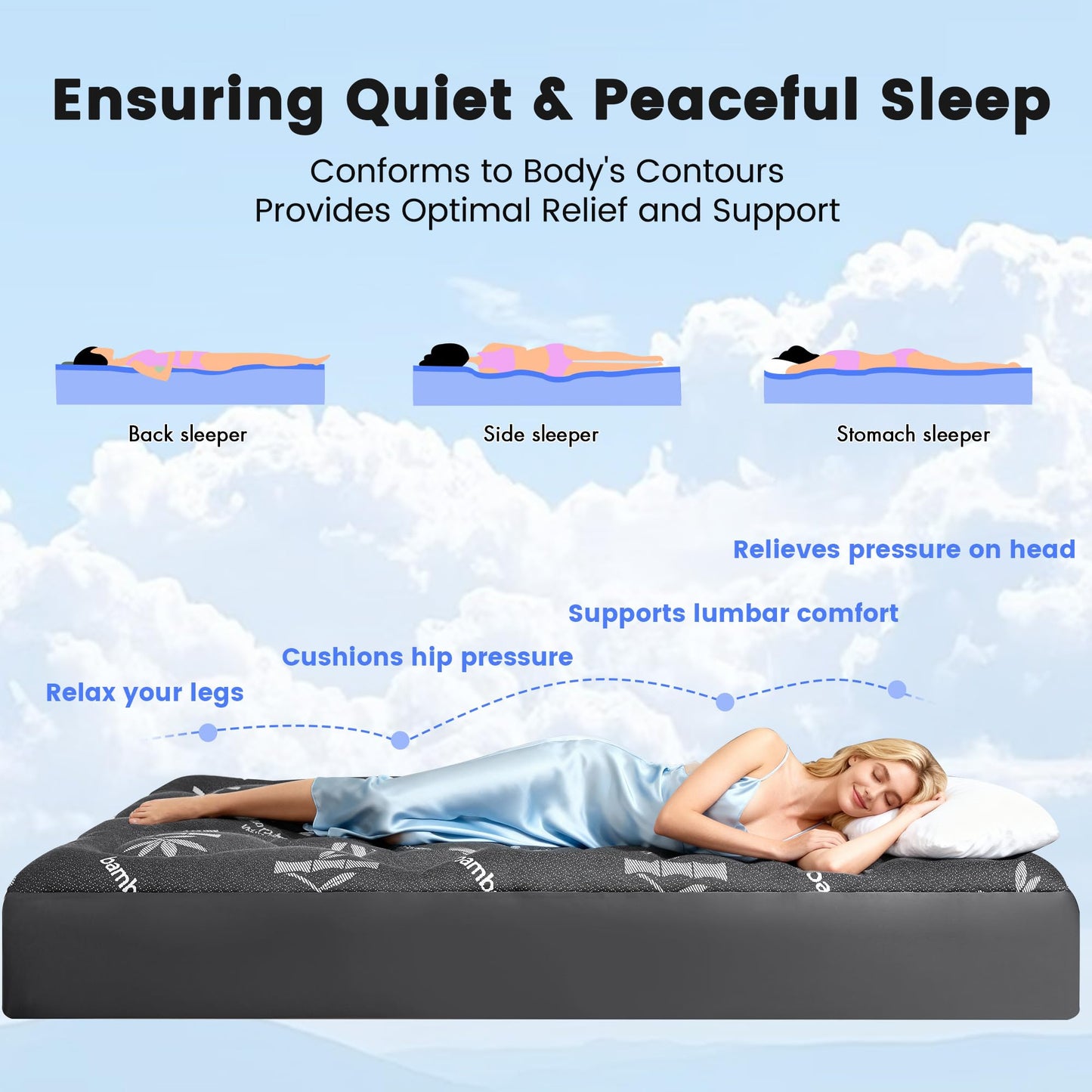 Mattress Topper Queen Size - Viscose Made from Bamboo Pillow Top Mattress Pad with Deep Pockets - Soft Mattress Topper for Back Pain Relief(60"x80",Black)