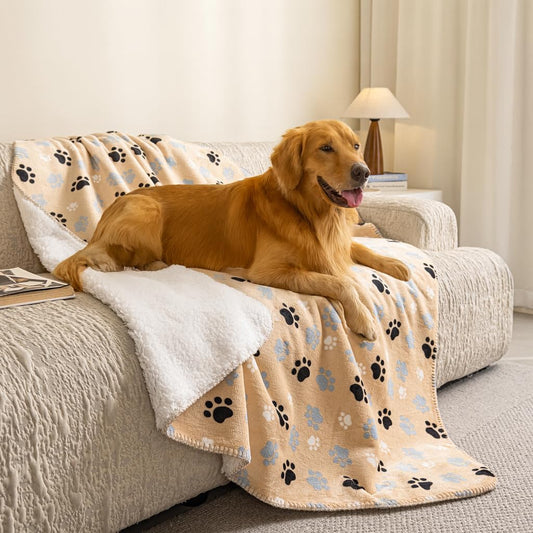 AIWEK Dog Blankets Waterproof Pet Blanket Paw Printing Super Soft Warm Fluffy Facecloth Sofa Car Bed Protector, Urine Proof Washable for Puppy Large Dogs & Cats 40"*30" Beige