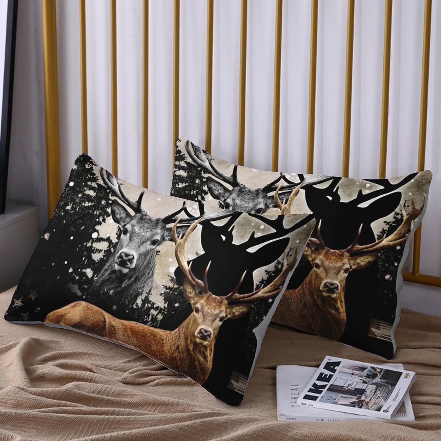 HOSIMA Snowy Forest Animal Bedding Set with 2 Pillowcases,Camo American Flag Twin Bed in a Bag Set for Adults Teen Mens Bedroom Essentials,Wildlife Elk Deer Fitted Sheet Deer Bedding.