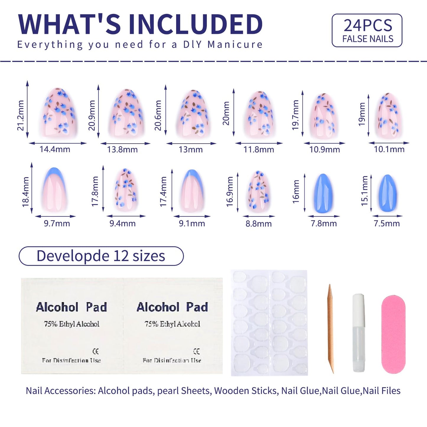Stbisen Summer Fall Press On Nails Short Almond, Nude and Blue Fake Nails Featuring Blue Floral Accents, Glossy Finish Acrylic Nails, Thick Reusable Glue On Nails for Women, 24Pcs