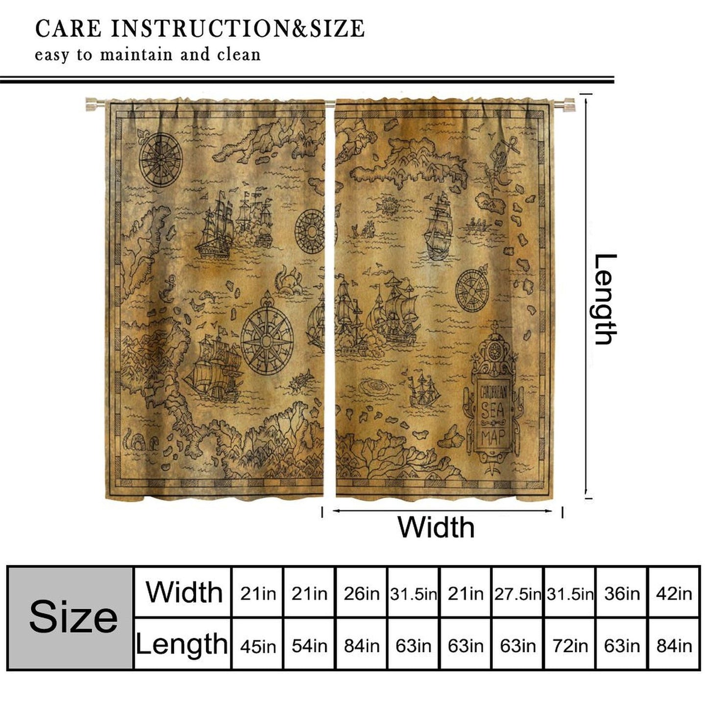 XBDDZSW Nautical Sailboat Map Curtains Sketch Pirate Ship Wheel Compass Starfish Coral Reef Nautical Map Pattern Print Window Drapes for Bedroom Living Room Kitchen Decor,2 Panel Set,42x45 Inch Decor