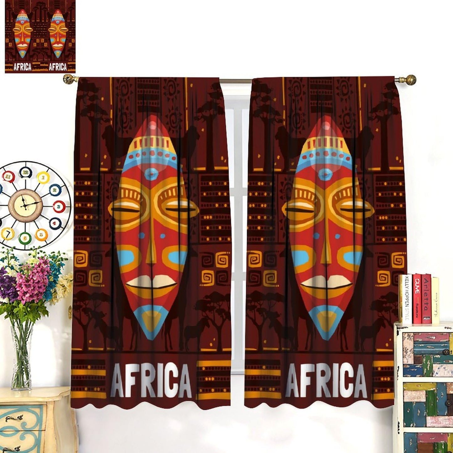 African Curtains for Kitchen Boho Retro Rural Tropical African Continent Primitive People Indigenous Cultural Totem Print Windows Treatments for Boys Girls Bedroom Living Room 42x44.5In（No Blackout）