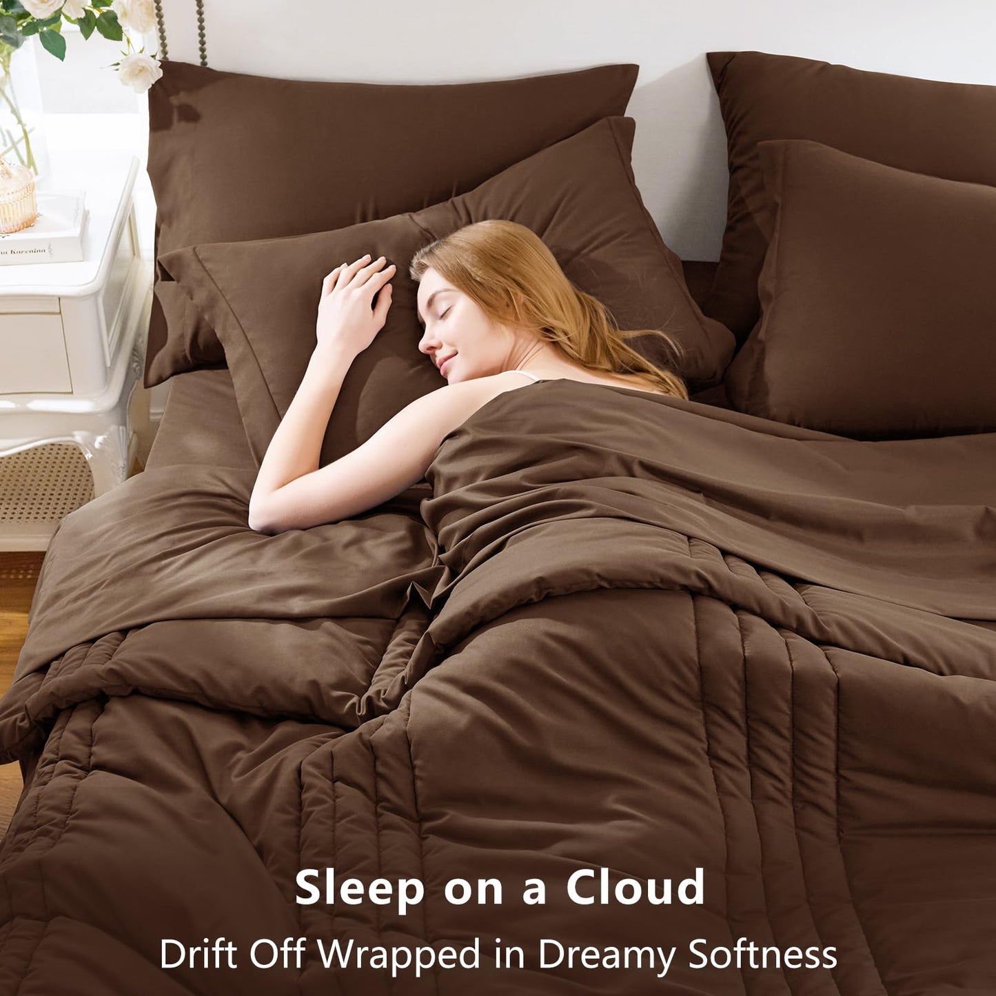 CozyLux Full Size Comforter Sets Brown - 7 Pieces Bed in a Bag, Modern Vertical Quilted Room Decor, Soft All-Season Bedding Gift with Comforter, Sheets, Pillowcases & Shams