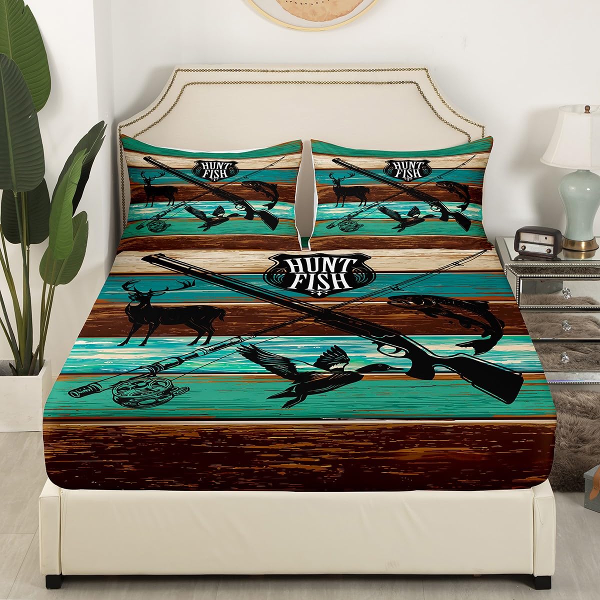Kids Wild Animal Hunting Fitted Sheet Set Full Size 4pcs,Hunt Fish Themed Retro Bedding Sets(1 Fitted, 1 Flat, 2 Pillowcases) Farmhouse Rustic Wooden Board Luxury Deep Pocket Bed Sheets, Modern