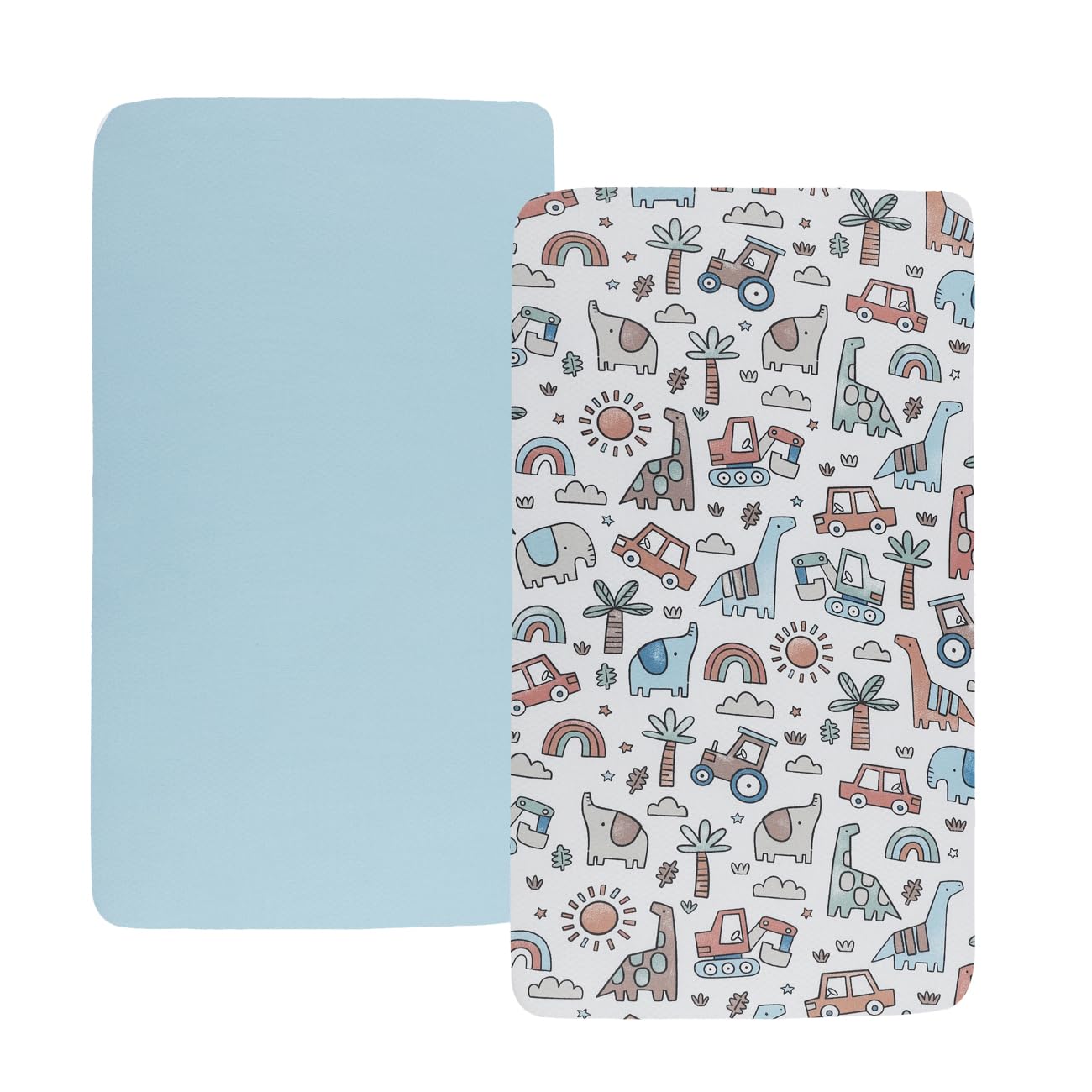 Tontukatu Stretchy Fitted Crib Sheets Set 2 Pack Portable Crib Mattress Topper for Baby Girl Boy,Ultra Soft Jersey Material, Light Blue & Car