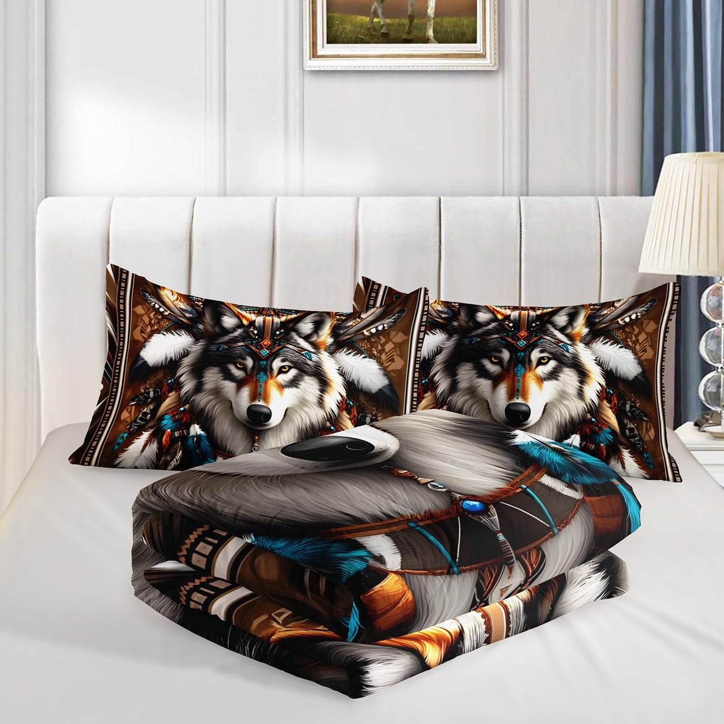 HOSIMA Wolf Twin Comforter Set,Tribe Decoration Print Animal Bedding for Teens Boys Room Decor,Lightweight Fluffy Dreamcatcher Feather Pattern Wolf Bedding Set for Kids with 2 Pillowcases.