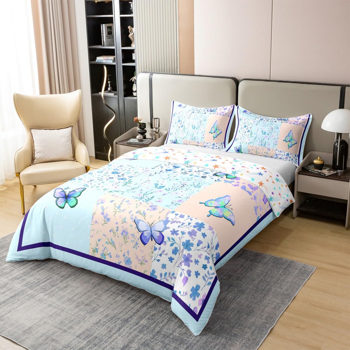 Erosebridal Blue Butterfly Duvet Cover Twin Size 100% Cotton,Chic Butterflies Decorations Comforter Cover,Cute Patchwork Plaid Bedding Set for Girls Kids Teens Rustic Chic Flowers Bed Set