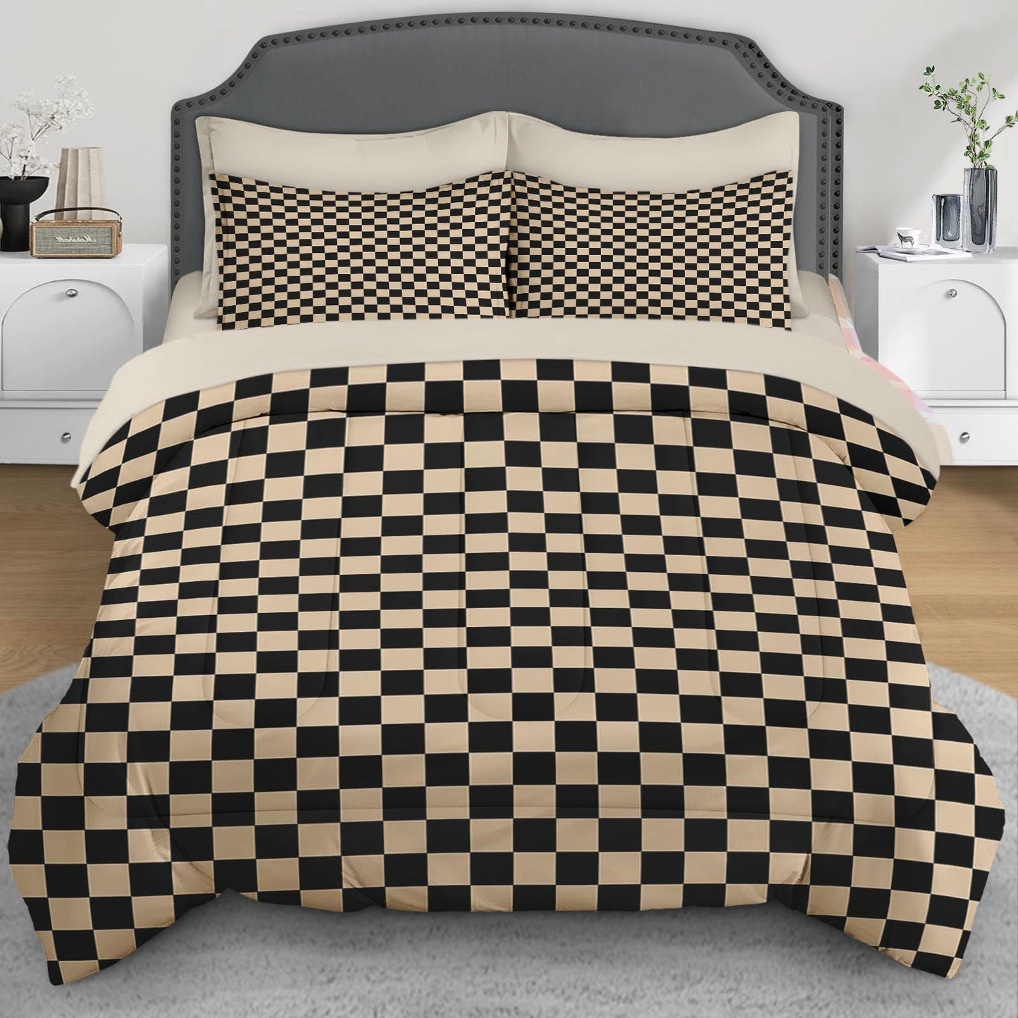 Checkerboard Grid Geometric Plaid Khaki Black Comforter Set 7 Pcs Full Size Quilt, Checkered Geometric Retro Soft Bedding Set with Flat and Fitted Sheet Pillowcases Sham for Adults Bedroom Bed Decor