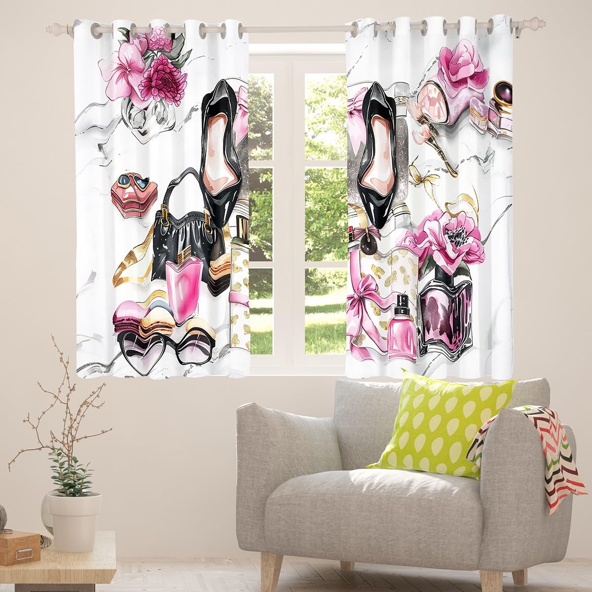 Erosebridal Pink Blackout Curtains Cute Flower Girly Window Curtains 42"x63" Bow Coquette Sweet Window Treatments Modern Magazine Silver High Heel Girls Women Makeup Romantic Fantasy Room Decor