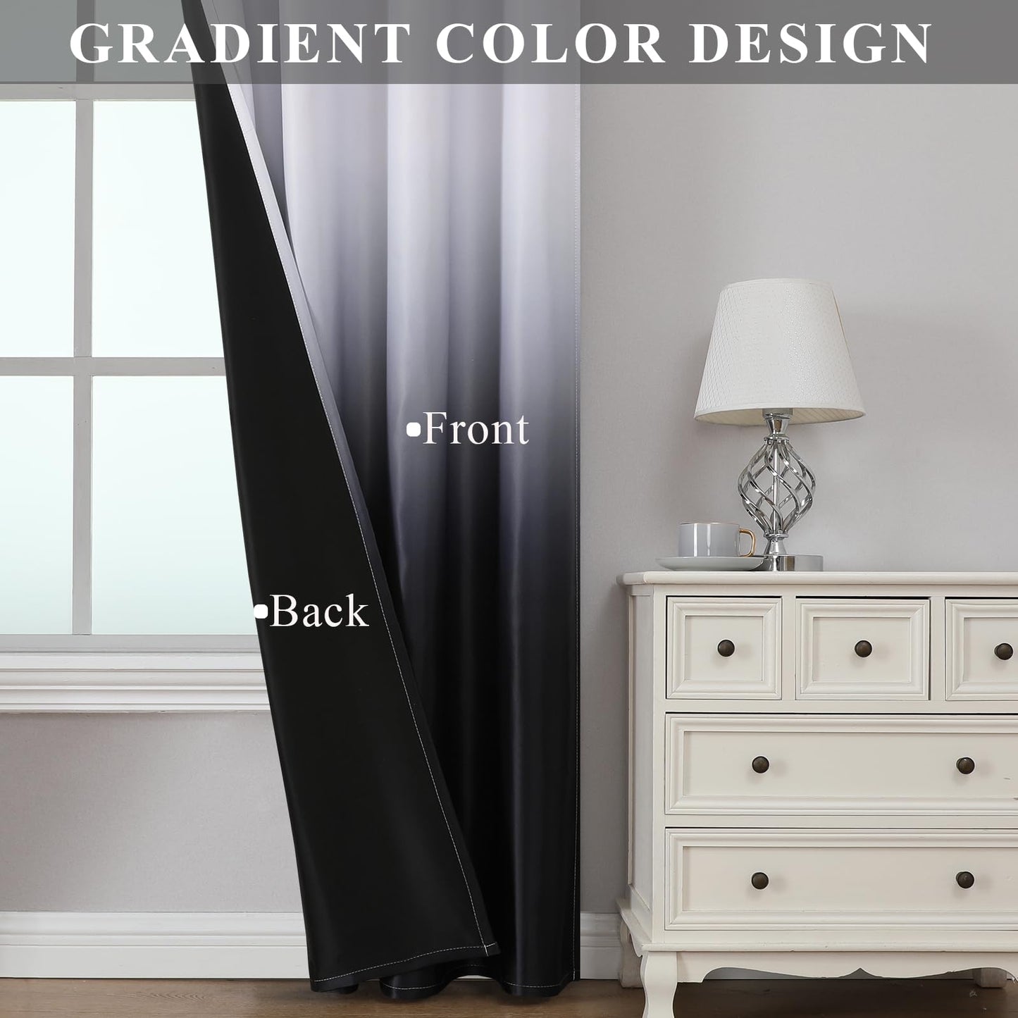 Estelar Textiler Black and Greyish White Blackout Curtains for Bedroom, Ombre Black out Curtains 84 Inch long for Living Room,Room Darkening Thermal Insulated Grommet Window Drapes,52x84 Inch,2 Panels