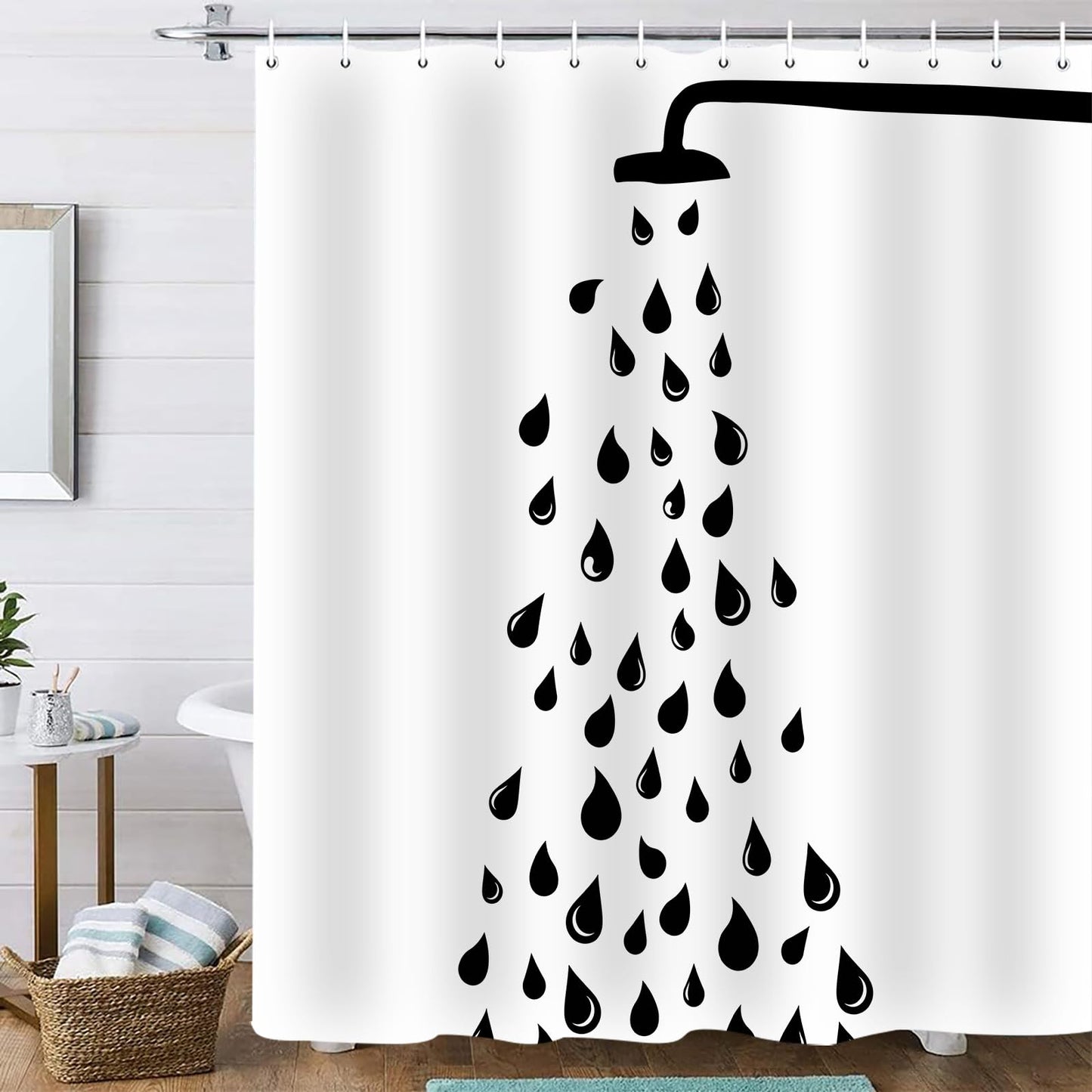 Emwnodti Cute Funny Raindrop Shower Head Shower Curtain, Black White Water Droplets Modern Minimalis Bathroom Decor, Polyester Fabric Waterproof Bath Curtain Accessory Set with 12 Hooks 72x72 inch