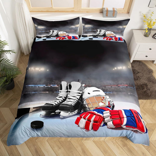 Erosebridal Ice Hockey Bedding Set Full Hockey Player Duvet Cover for Kids Boys Girls Teens Juvenile Sports Game Comforter Cover Set Soft Microfiber Winter Sports Bedroom Decorative, Zipper