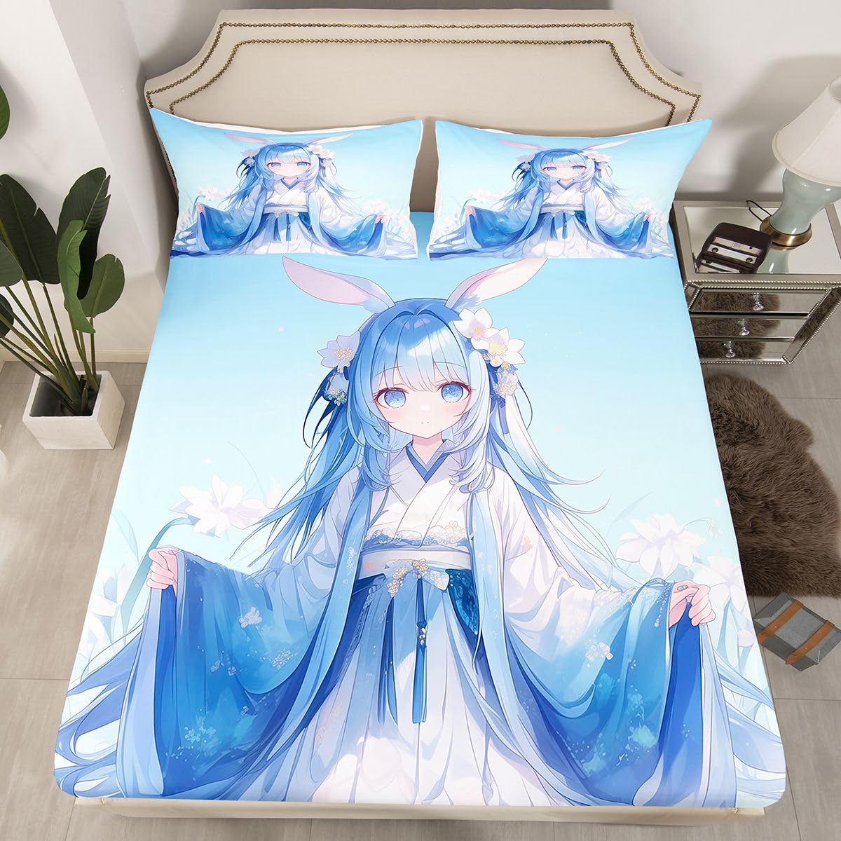 Traditional Japanese Girl Sheet Set Kawaii Decor, 3D Anime Girl Bed Sheets Set Cartoon Japanese Girl Bedding Set, Blue Butterfly Decorations Sheets Twin, 1 Flat Sheet 1 Fitted Sheet 1 Pillow Case