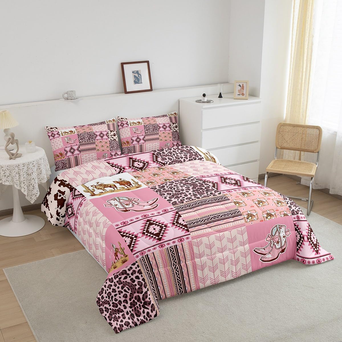 Feelyou Pink Aztec Bedding Set Queen Size, Kids Western Decor Comforter Set Wild West Cowboy Cowgirl Comforter Boho Style Duvet Insert Bed Set 3Pcs