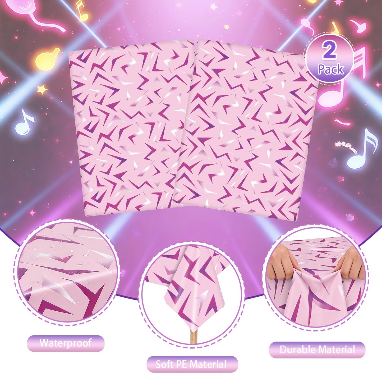 2Pcs Kpop Birthday Decorations Tablecloths, 54 x 108 inches, Purple Lightning Pattern Disposable Plastic Tablecloths for Demon Hunter Theme Party Halloween Birthday Bachelor Party Supplies(Pink)