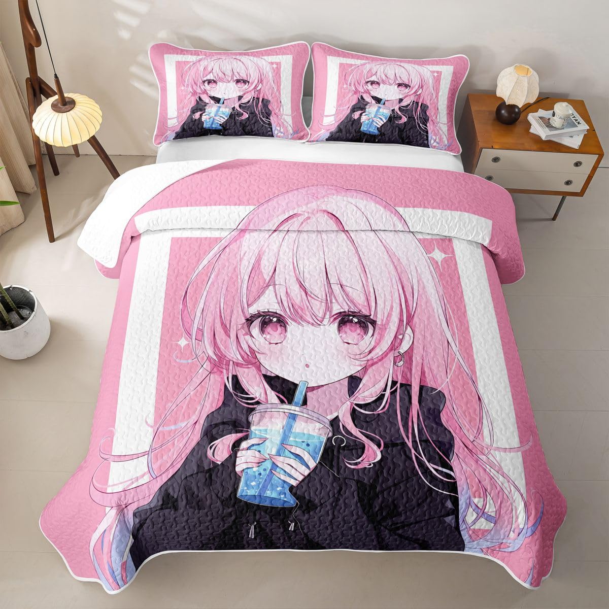Erosebridal Kawaii Japanese Style Quilts Twin Size - Anime Girl Drinking Milk Tea Bedspread Coverlet Set, Japanese Animation Quilt Coverlets 2Pcs (Only 1 Pillowcase)