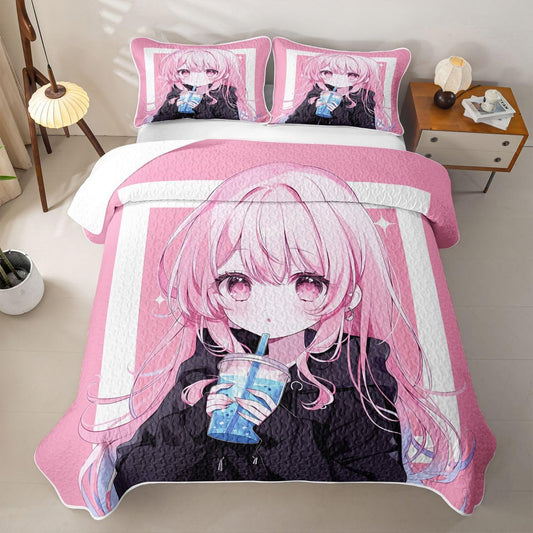 Erosebridal Kawaii Japanese Style Quilts Twin Size - Anime Girl Drinking Milk Tea Bedspread Coverlet Set, Japanese Animation Quilt Coverlets 2Pcs (Only 1 Pillowcase)