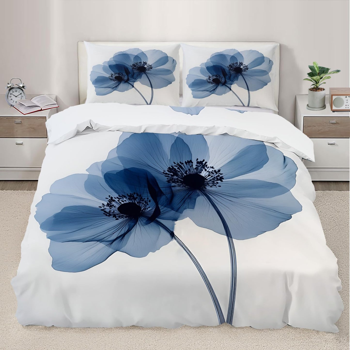 QINYUN Flower Duvet Cover King Size, Elegant Blue Flowers Bedding Set 3 Piece Bedroom Decor Modern Comforter Cover with Zipper Ties & 2 Pillowcases