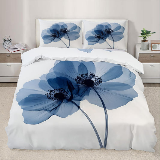 QINYUN Flower Duvet Cover King Size, Elegant Blue Flowers Bedding Set 3 Piece Bedroom Decor Modern Comforter Cover with Zipper Ties & 2 Pillowcases
