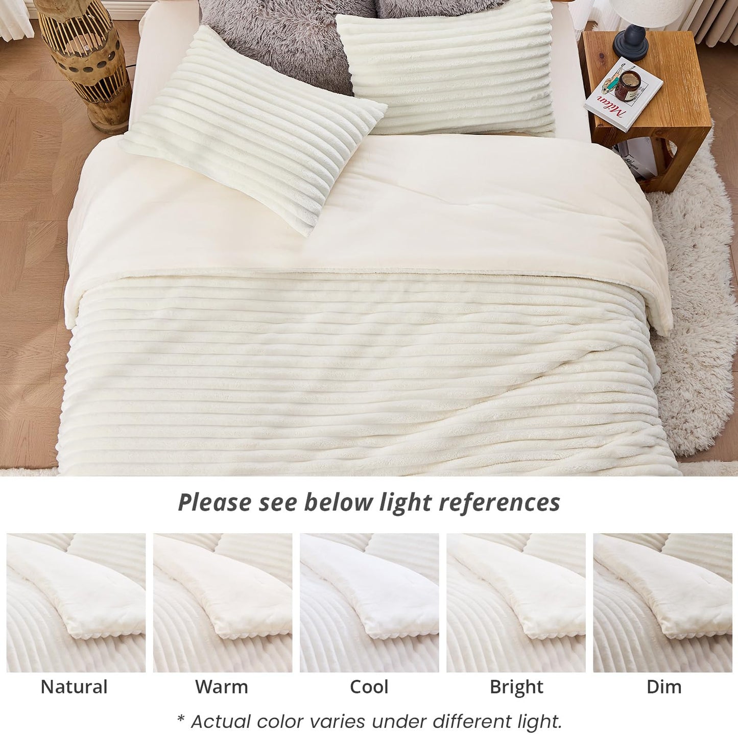 Sasttie King Comforter Set 3 Pieces - Super Soft Fleece Comforters King Size, 1 Luxury Warm Fuzzy Marshmallow Comforter with 2 Pillow Cases, Faux Fur Down Alternative Bedding Set, Cream White