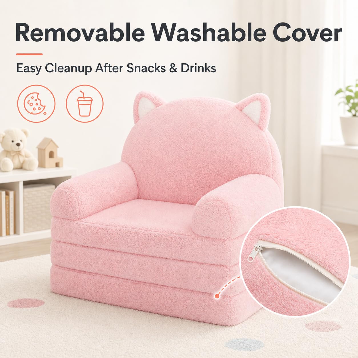 MONKISS Kids Couch, Comfy Toddler Chair, 2 in 1 Fold Out Kids Sofa, Baby Sitting Chair with Washable Cover, Toddler Furniture for Reading, TV and Playroom, Birthday Gift for Girls, 1-4 Years Old, Pink