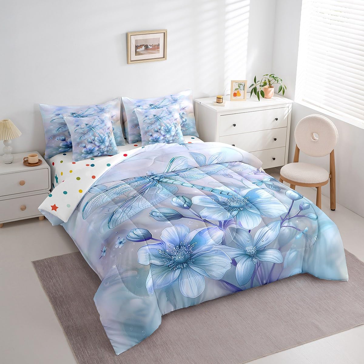 Erosebridal Blue Dragonfly Bedding Set 7Pcs,Water Lily Floral Comforter Set Queen for Kids Boys Girls Women,Dreamy Fairy Princess Style Quilt,Geometric Flying Wild Animal Bed in a Bag